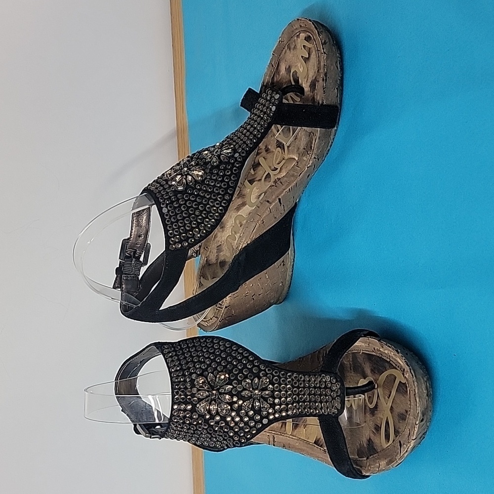 Sam Edelman "Neva" Black Bejeweled Strappy Wedge Heels, Size 9